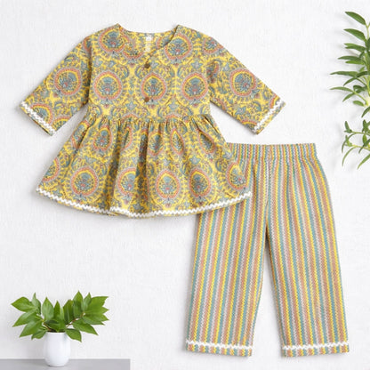 The Magic Wand Cotton Woven Three Fourth Sleeves Ric Rac Laced Printed Top And Pant Set - Multi Color