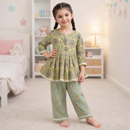 The Magic Wand Cotton Woven Three Fourth Sleeves Ric Rac Laced Printed Top And Pant Set - Multi Color