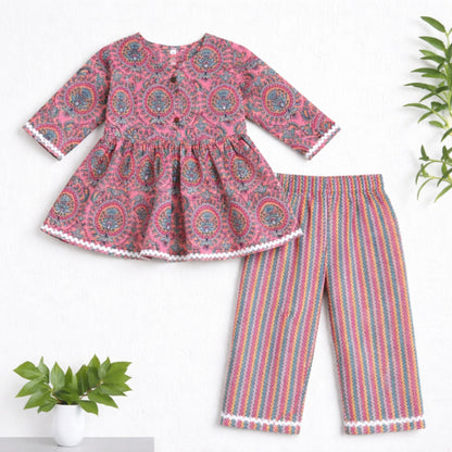 The Magic Wand Cotton Woven Three Fourth Sleeves Ric Rac Laced Printed Top And Pant Set - Pink