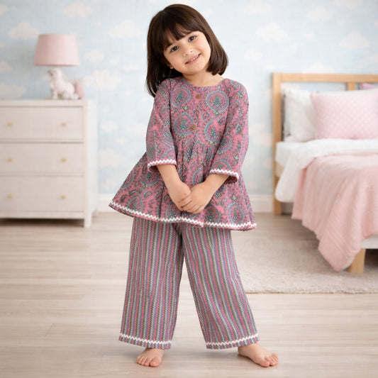 The Magic Wand Cotton Woven Three Fourth Sleeves Ric Rac Laced Printed Top And Pant Set - Pink
