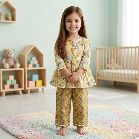 The Magic Wand Cotton Woven Three Fourth Sleeves Ric Rac Laced Printed Top And Pant Set - Yellow