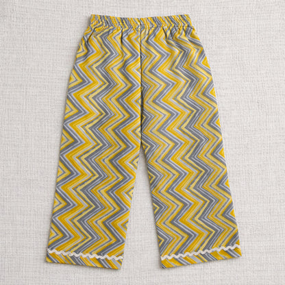 The Magic Wand Cotton Woven Three Fourth Sleeves Ric Rac Laced Printed Top And Pant Set - Yellow