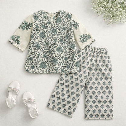 The Magic Wand Cotton Woven Three Fourth Sleeves Laced Floral Printed Top And Pant Set - Off White