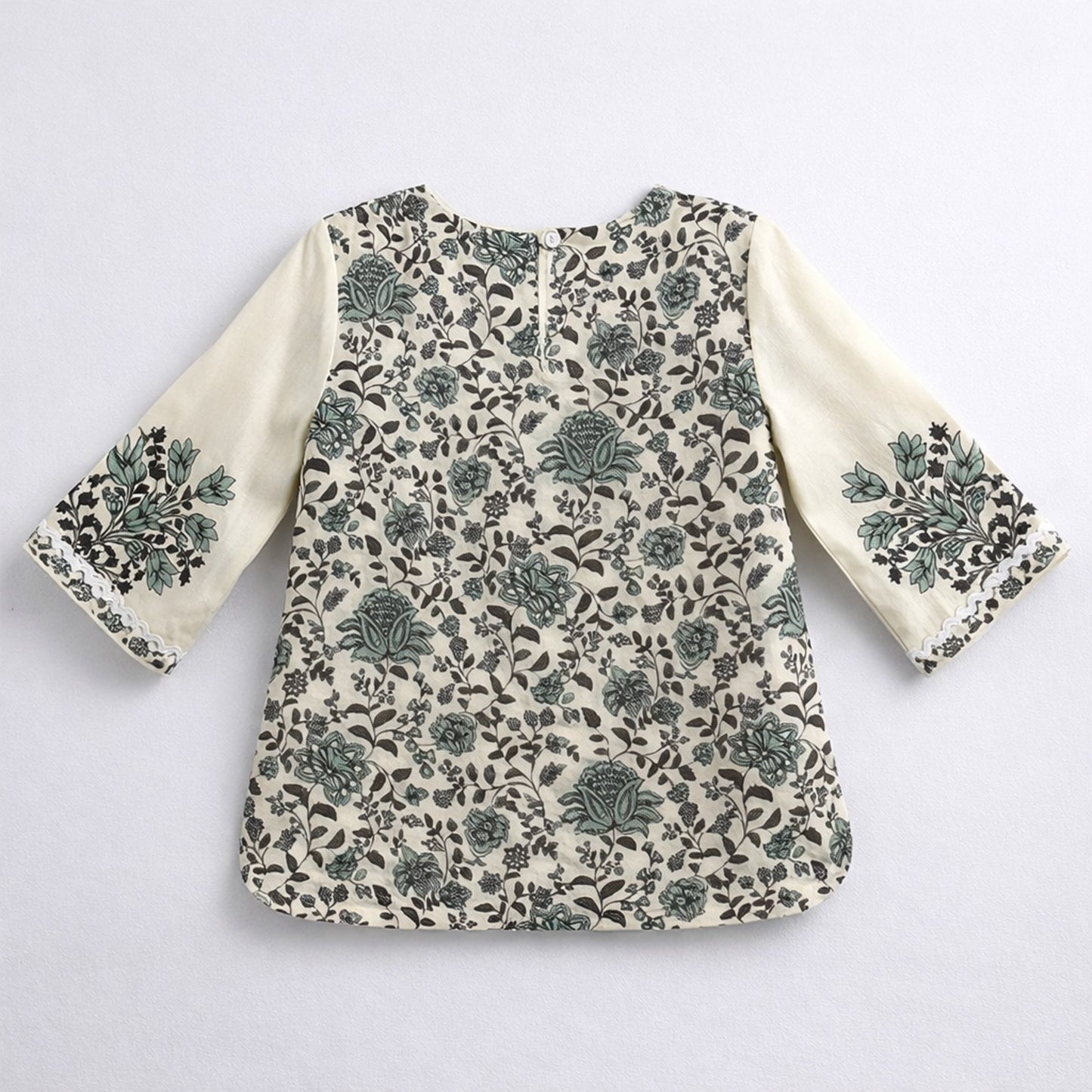 The Magic Wand Cotton Woven Three Fourth Sleeves Laced Floral Printed Top And Pant Set - Off White