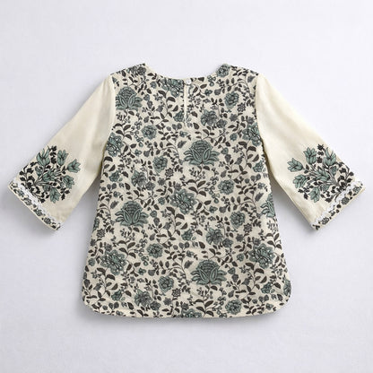 The Magic Wand Cotton Woven Three Fourth Sleeves Laced Floral Printed Top And Pant Set - Off White