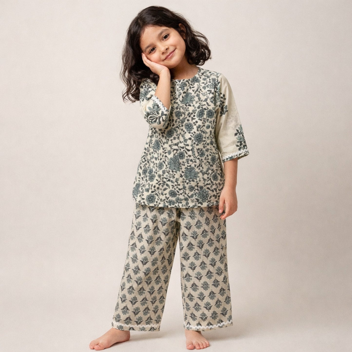 The Magic Wand Cotton Woven Three Fourth Sleeves Laced Floral Printed Top And Pant Set - Off White