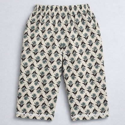The Magic Wand Cotton Woven Three Fourth Sleeves Laced Floral Printed Top And Pant Set - Off White