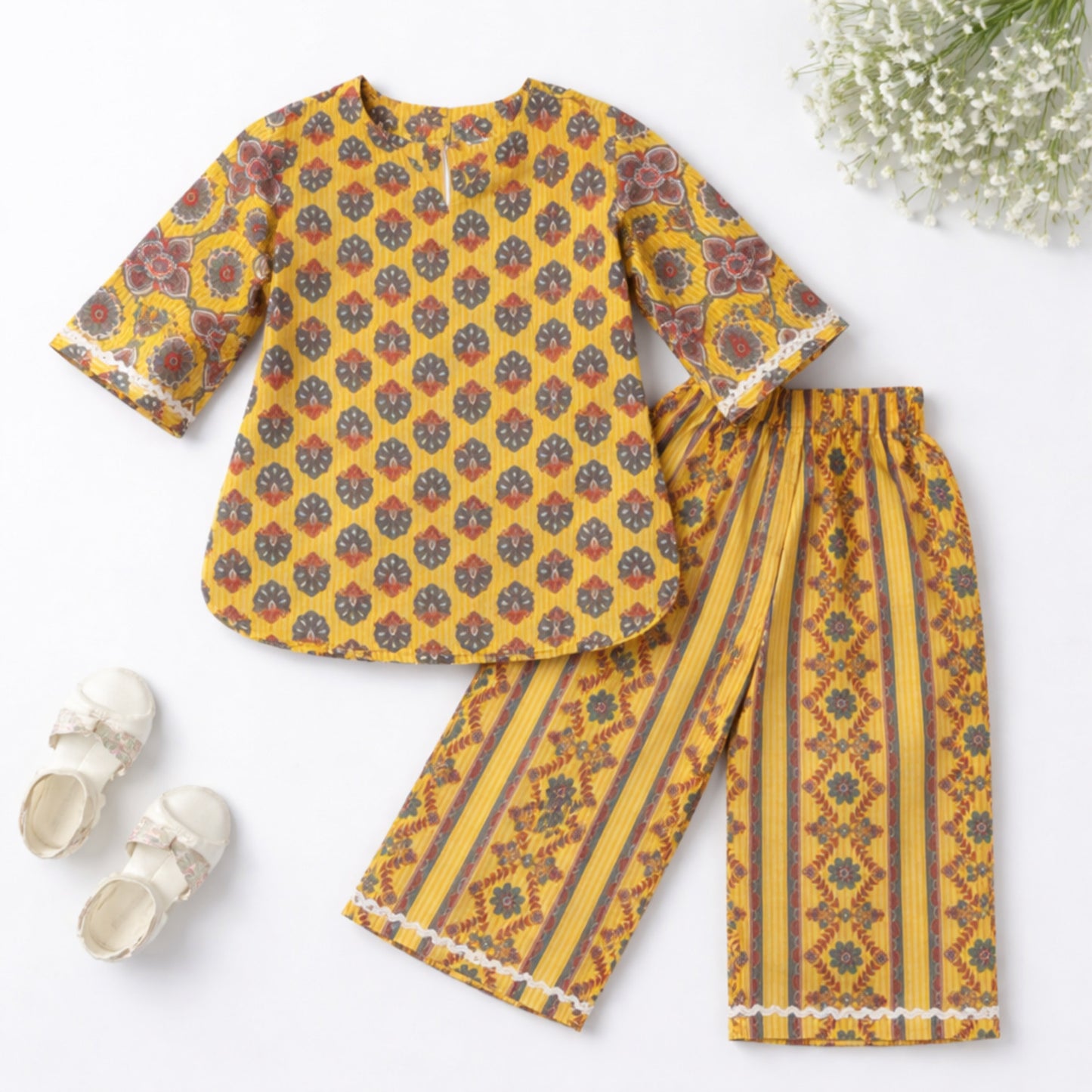 The Magic Wand Cotton Woven Three Fourth Sleeves Laced Floral Printed Top And Pant Set - Dark Yellow