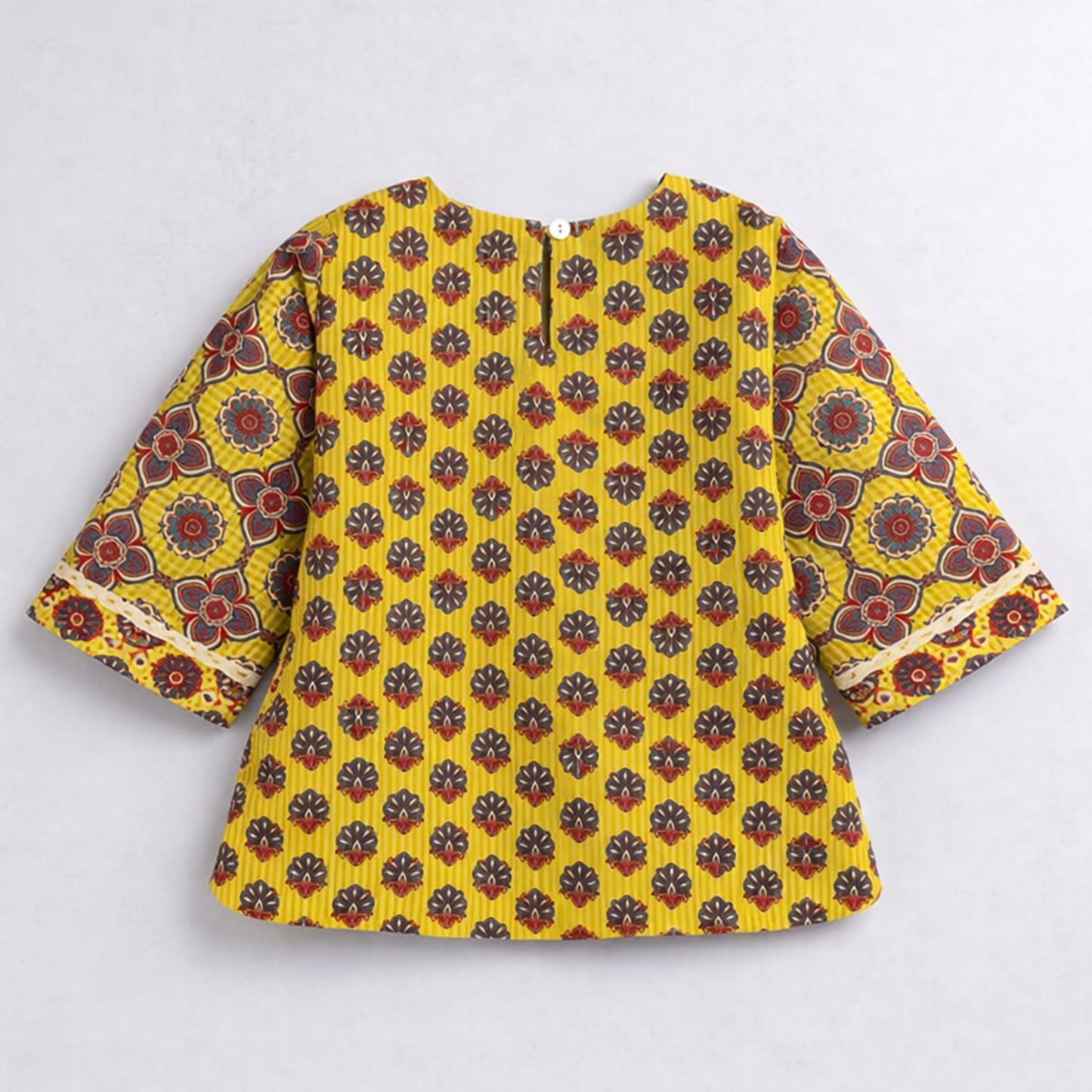The Magic Wand Cotton Woven Three Fourth Sleeves Laced Floral Printed Top And Pant Set - Dark Yellow