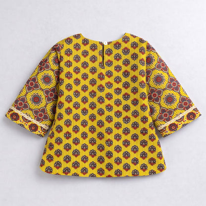 The Magic Wand Cotton Woven Three Fourth Sleeves Laced Floral Printed Top And Pant Set - Dark Yellow