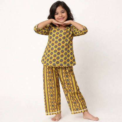 The Magic Wand Cotton Woven Three Fourth Sleeves Laced Floral Printed Top And Pant Set - Dark Yellow