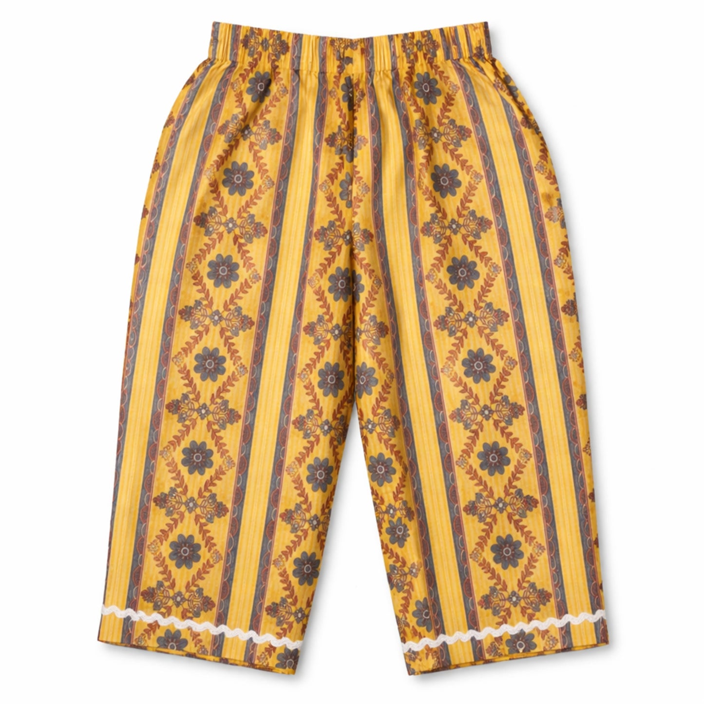 The Magic Wand Cotton Woven Three Fourth Sleeves Laced Floral Printed Top And Pant Set - Dark Yellow