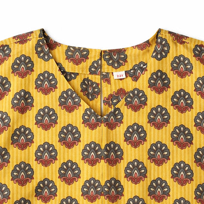 The Magic Wand Cotton Woven Three Fourth Sleeves Laced Floral Printed Top And Pant Set - Dark Yellow