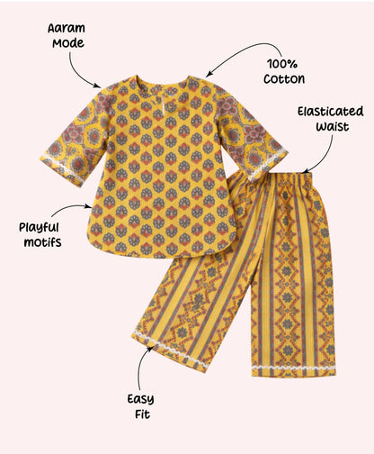 The Magic Wand Cotton Woven Three Fourth Sleeves Laced Floral Printed Top And Pant Set - Dark Yellow