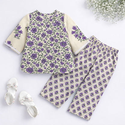 The Magic Wand Cotton Woven Three Fourth Sleeves Laced Floral Printed Top And Pant Set - Cream