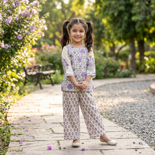 The Magic Wand Cotton Woven Three Fourth Sleeves Laced Floral Printed Top And Pant Set - Cream