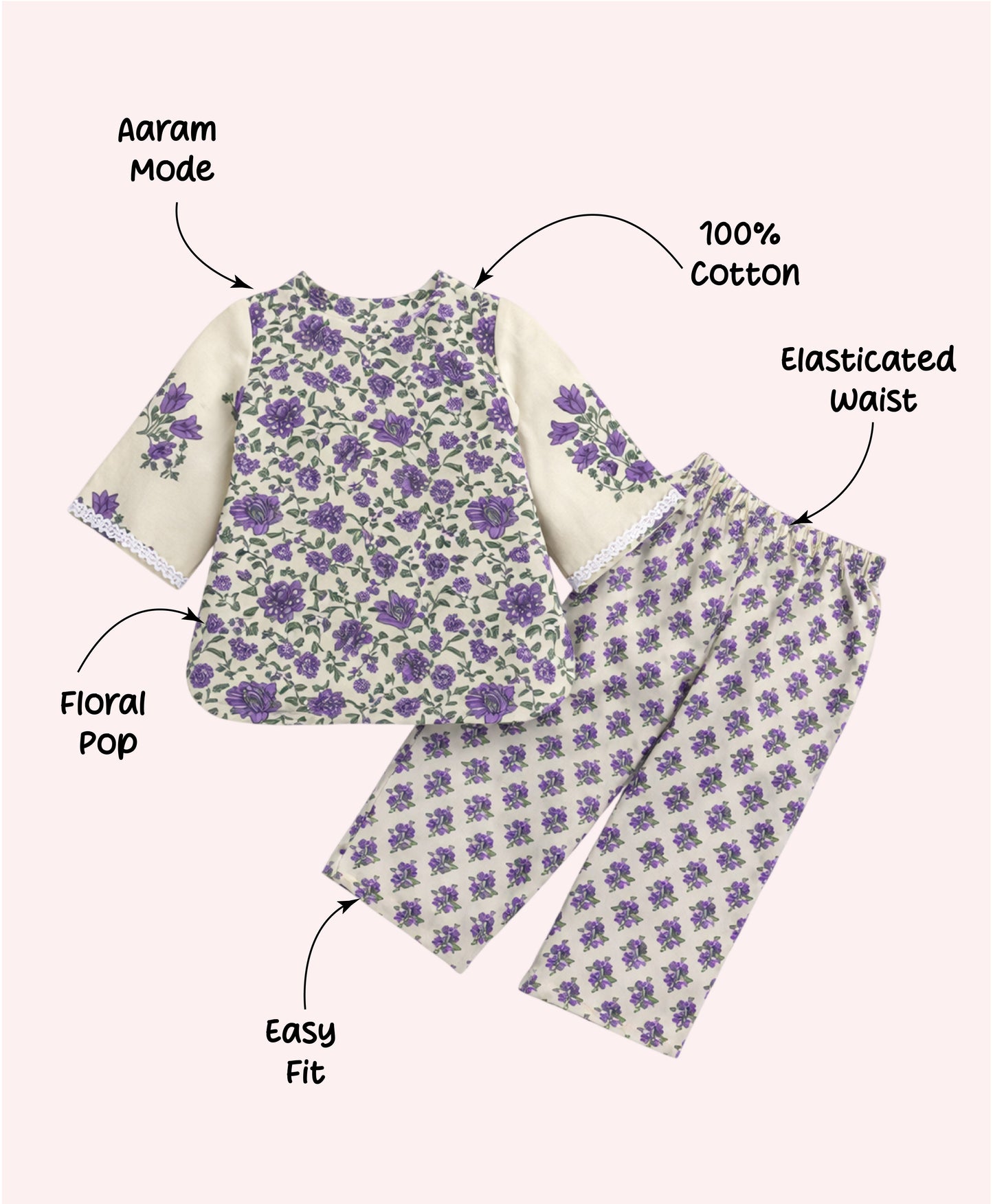 The Magic Wand Cotton Woven Three Fourth Sleeves Laced Floral Printed Top And Pant Set - Cream