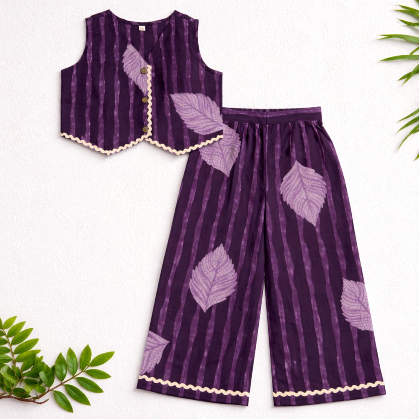 The Magic Wand Cotton Woven Sleeveless Leaf Printed Waistcoat Top And Pant Set - Purple