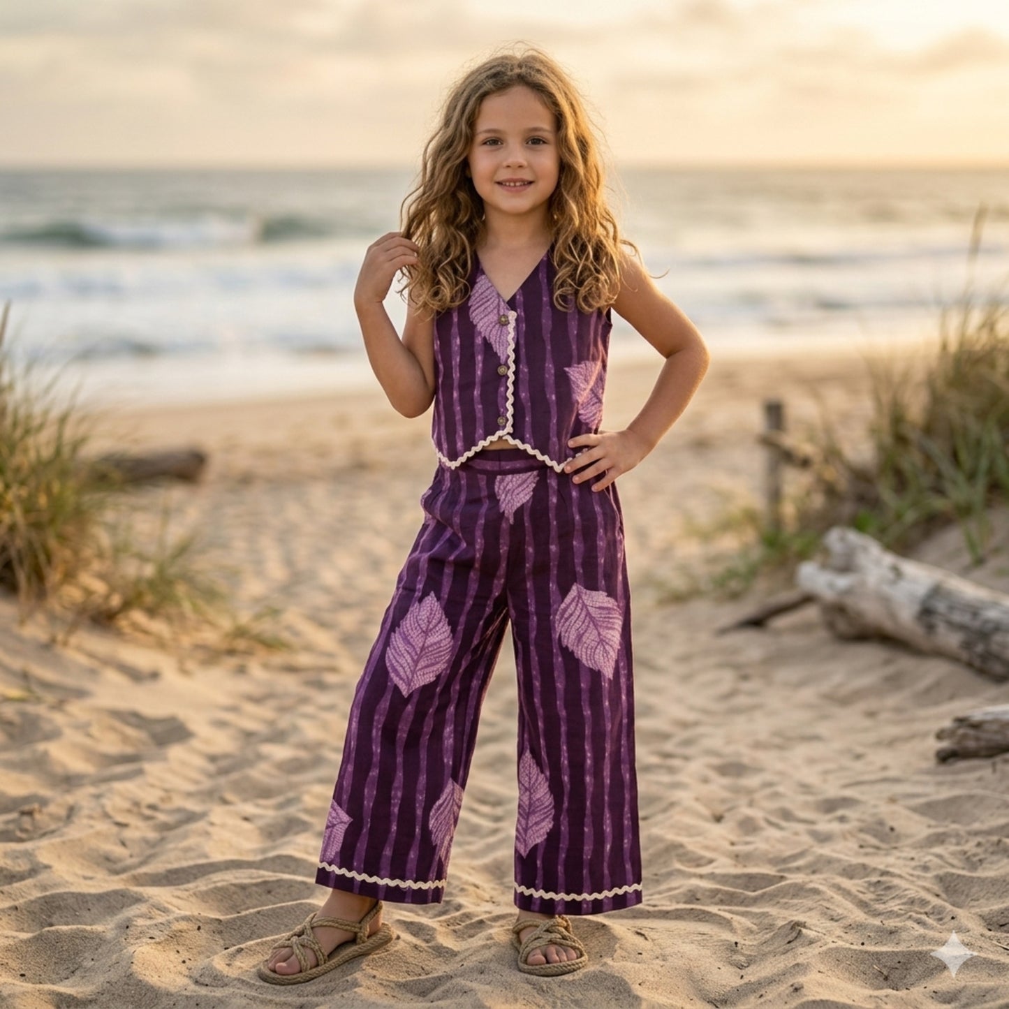 The Magic Wand Cotton Woven Sleeveless Leaf Printed Waistcoat Top And Pant Set - Purple