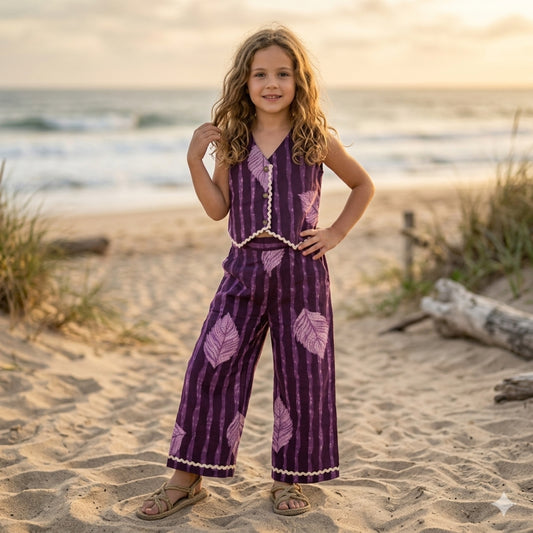 The Magic Wand Cotton Woven Sleeveless Leaf Printed Waistcoat Top And Pant Set - Purple