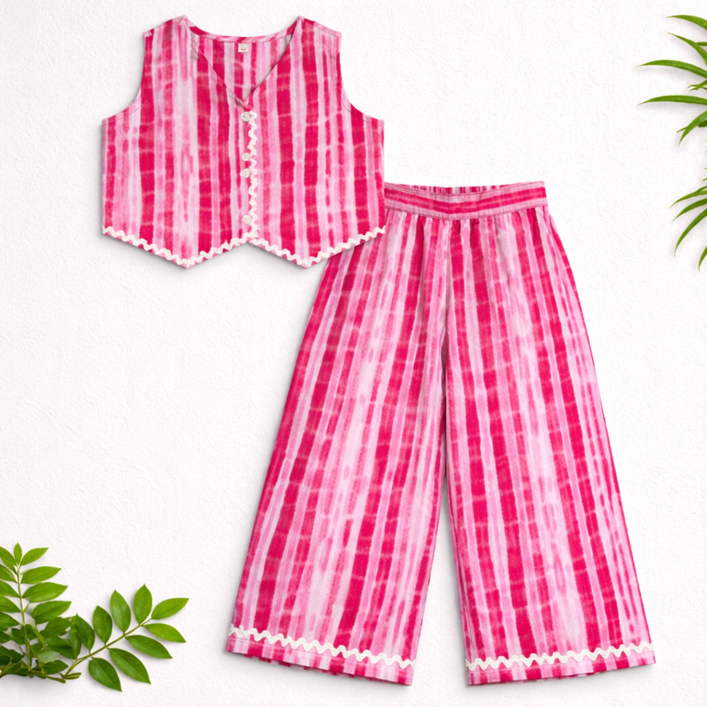 The Magic Wand Cotton Woven Sleeveless Stripes Printed Waistcoat Top And Pant Set - Fuchsia