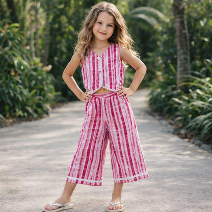The Magic Wand Cotton Woven Sleeveless Stripes Printed Waistcoat Top And Pant Set - Fuchsia