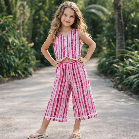 The Magic Wand Cotton Woven Sleeveless Stripes Printed Waistcoat Top And Pant Set - Fuchsia
