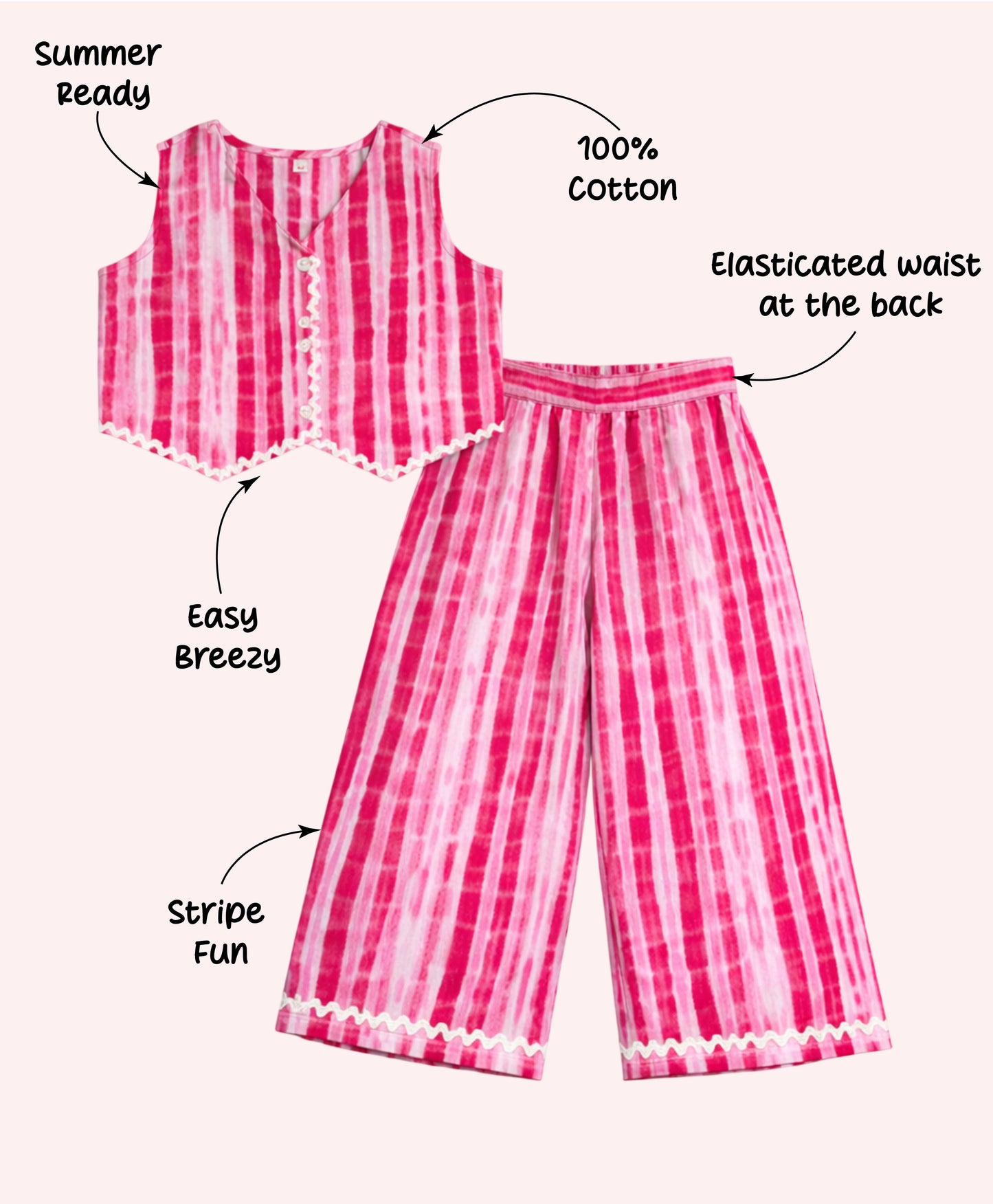 The Magic Wand Cotton Woven Sleeveless Stripes Printed Waistcoat Top And Pant Set - Fuchsia