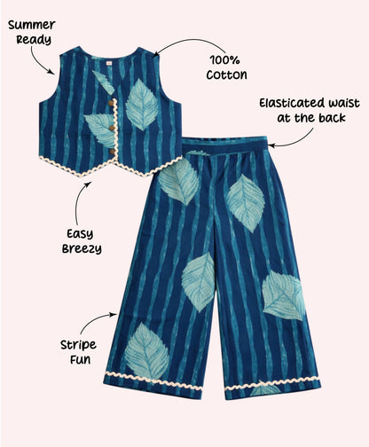 The Magic Wand Cotton Woven Sleeveless Leaf Printed Waistcoat Top And Pant Set - Teal Blue
