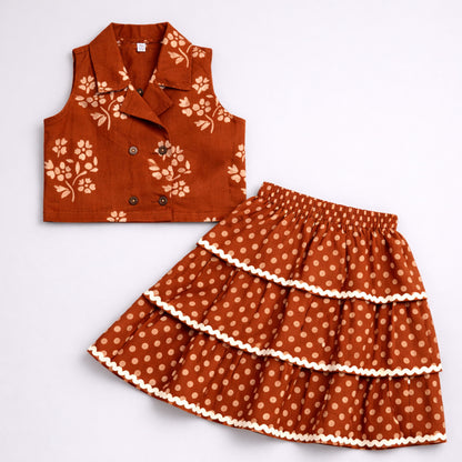 The Magic Wand Cotton Woven Sleeveless Floral Printed Waistcoat Top And Tiered Skirt Set - Rust