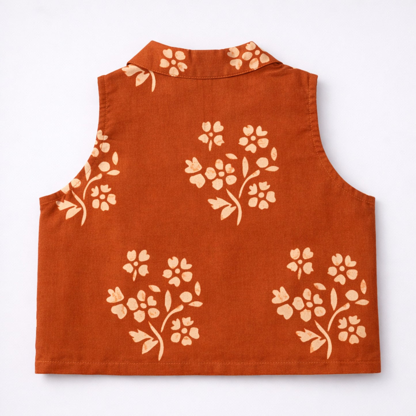 The Magic Wand Cotton Woven Sleeveless Floral Printed Waistcoat Top And Tiered Skirt Set - Rust