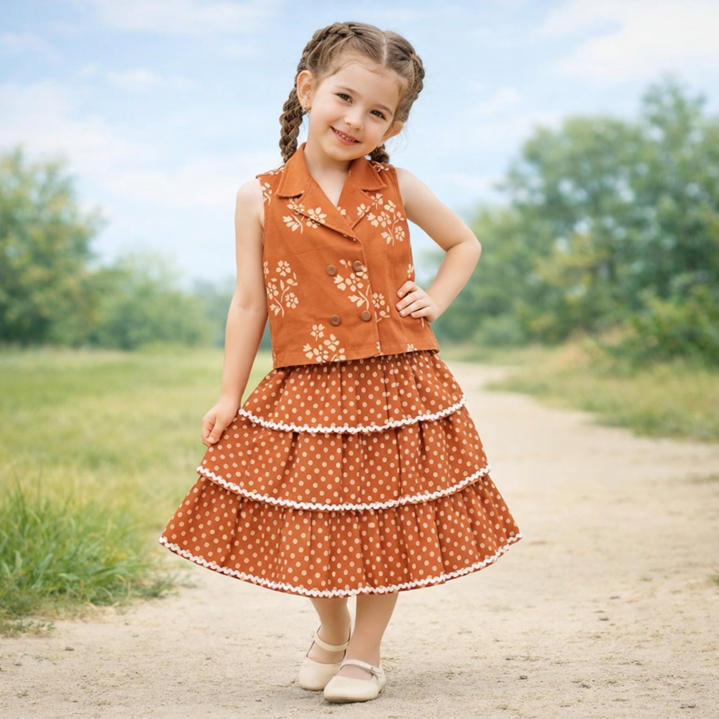 The Magic Wand Cotton Woven Sleeveless Floral Printed Waistcoat Top And Tiered Skirt Set - Rust