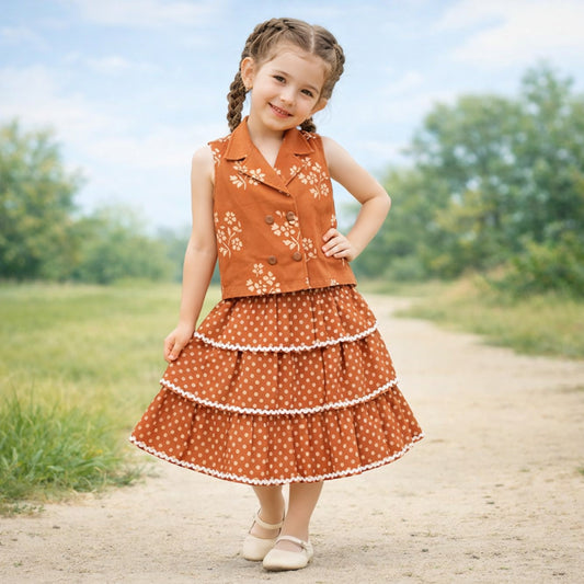 The Magic Wand Cotton Woven Sleeveless Floral Printed Waistcoat Top And Tiered Skirt Set - Rust