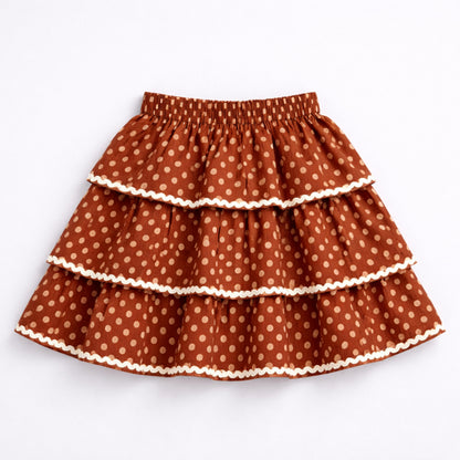 The Magic Wand Cotton Woven Sleeveless Floral Printed Waistcoat Top And Tiered Skirt Set - Rust