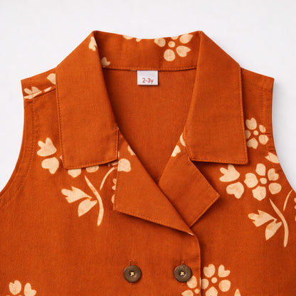 The Magic Wand Cotton Woven Sleeveless Floral Printed Waistcoat Top And Tiered Skirt Set - Rust