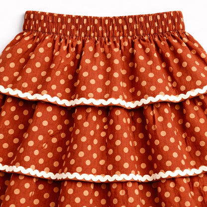 The Magic Wand Cotton Woven Sleeveless Floral Printed Waistcoat Top And Tiered Skirt Set - Rust