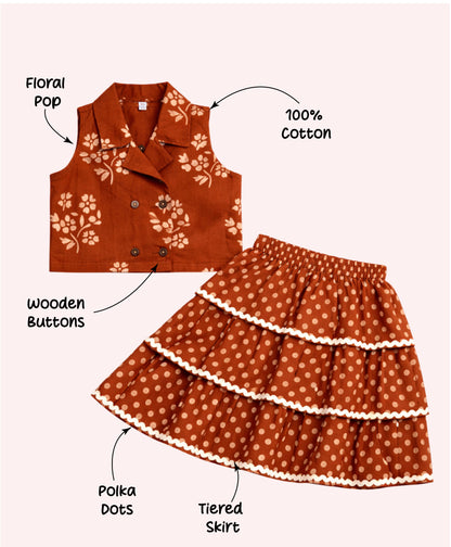 The Magic Wand Cotton Woven Sleeveless Floral Printed Waistcoat Top And Tiered Skirt Set - Rust