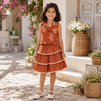 The Magic Wand Cotton Woven Sleeveless Floral Printed Waistcoat Top And Tiered Skirt Set - Rust