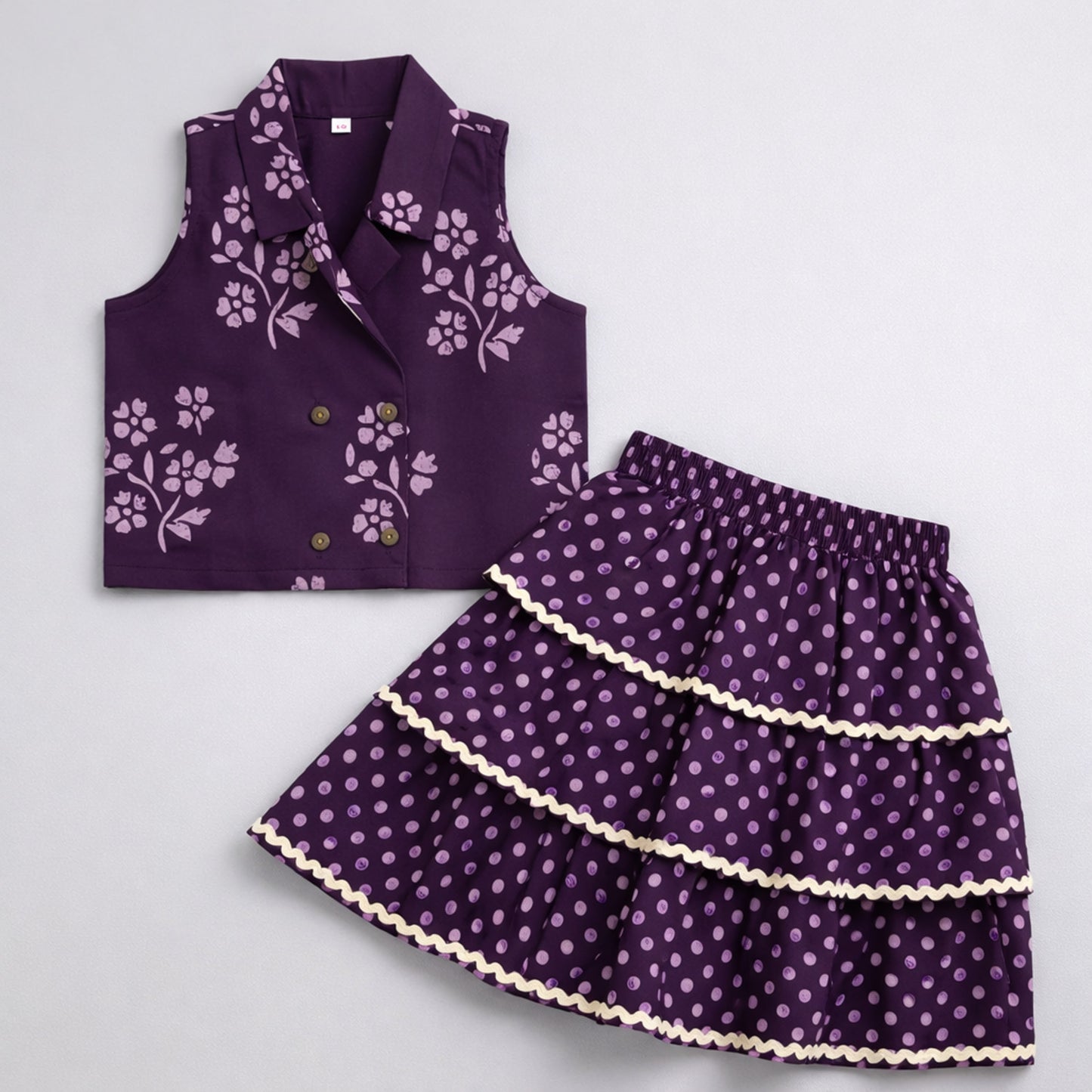 The Magic Wand Cotton Woven Sleeveless Floral Printed Waistcoat Top And Tiered Skirt Set - Purple