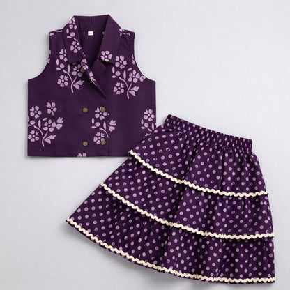 The Magic Wand Cotton Woven Sleeveless Floral Printed Waistcoat Top And Tiered Skirt Set - Purple
