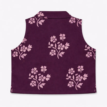 The Magic Wand Cotton Woven Sleeveless Floral Printed Waistcoat Top And Tiered Skirt Set - Purple