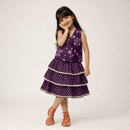 The Magic Wand Cotton Woven Sleeveless Floral Printed Waistcoat Top And Tiered Skirt Set - Purple