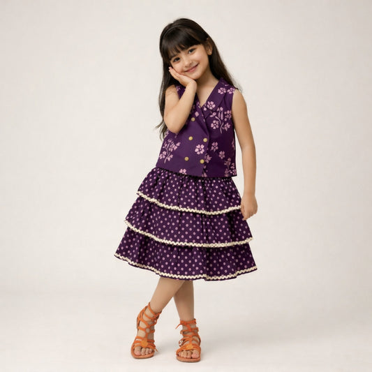 The Magic Wand Cotton Woven Sleeveless Floral Printed Waistcoat Top And Tiered Skirt Set - Purple
