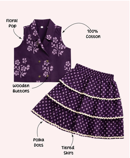 The Magic Wand Cotton Woven Sleeveless Floral Printed Waistcoat Top And Tiered Skirt Set - Purple