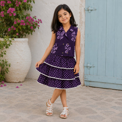 The Magic Wand Cotton Woven Sleeveless Floral Printed Waistcoat Top And Tiered Skirt Set - Purple