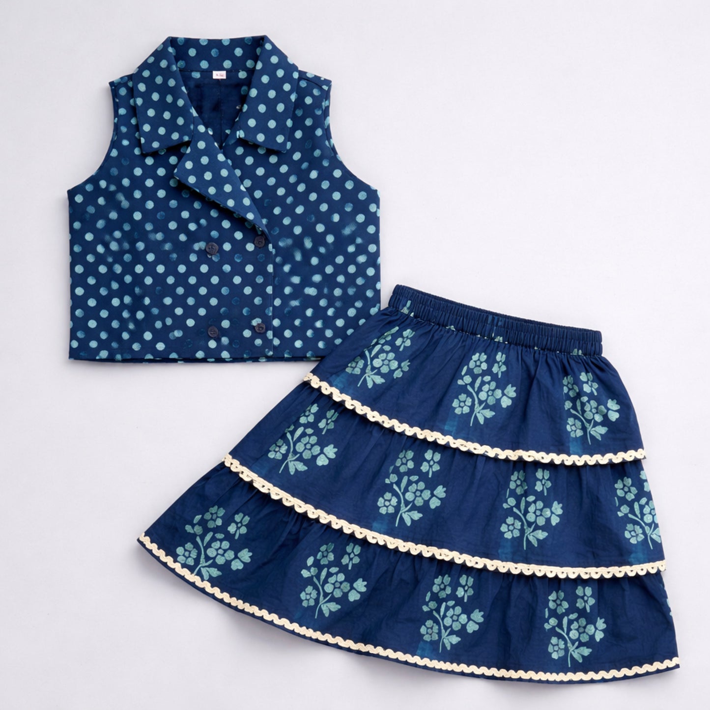 The Magic Wand Cotton Woven Sleeveless Polka Dots Waistcoat Top And Tiered Skirt Set - Teal Blue