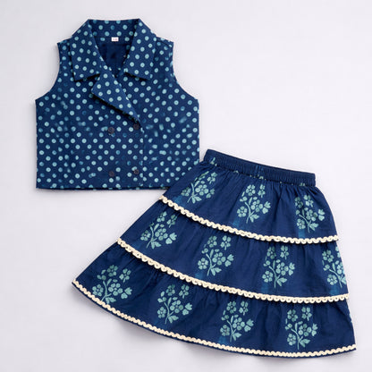 The Magic Wand Cotton Woven Sleeveless Polka Dots Waistcoat Top And Tiered Skirt Set - Teal Blue