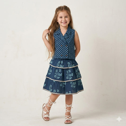 The Magic Wand Cotton Woven Sleeveless Polka Dots Waistcoat Top And Tiered Skirt Set - Teal Blue