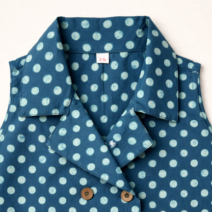 The Magic Wand Cotton Woven Sleeveless Polka Dots Waistcoat Top And Tiered Skirt Set - Teal Blue