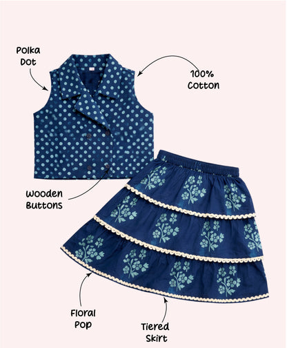 The Magic Wand Cotton Woven Sleeveless Polka Dots Waistcoat Top And Tiered Skirt Set - Teal Blue